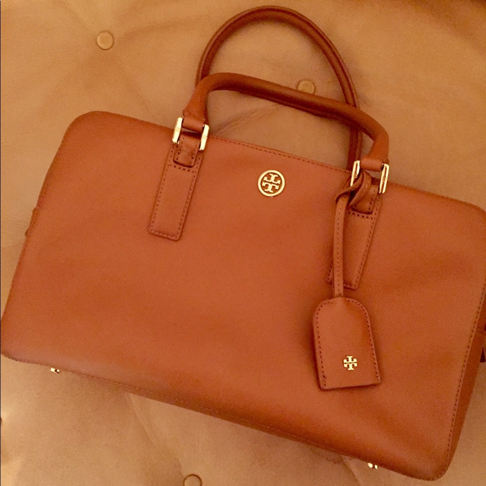 Tory Burch Robinson Square Satchel Saffiano Tan